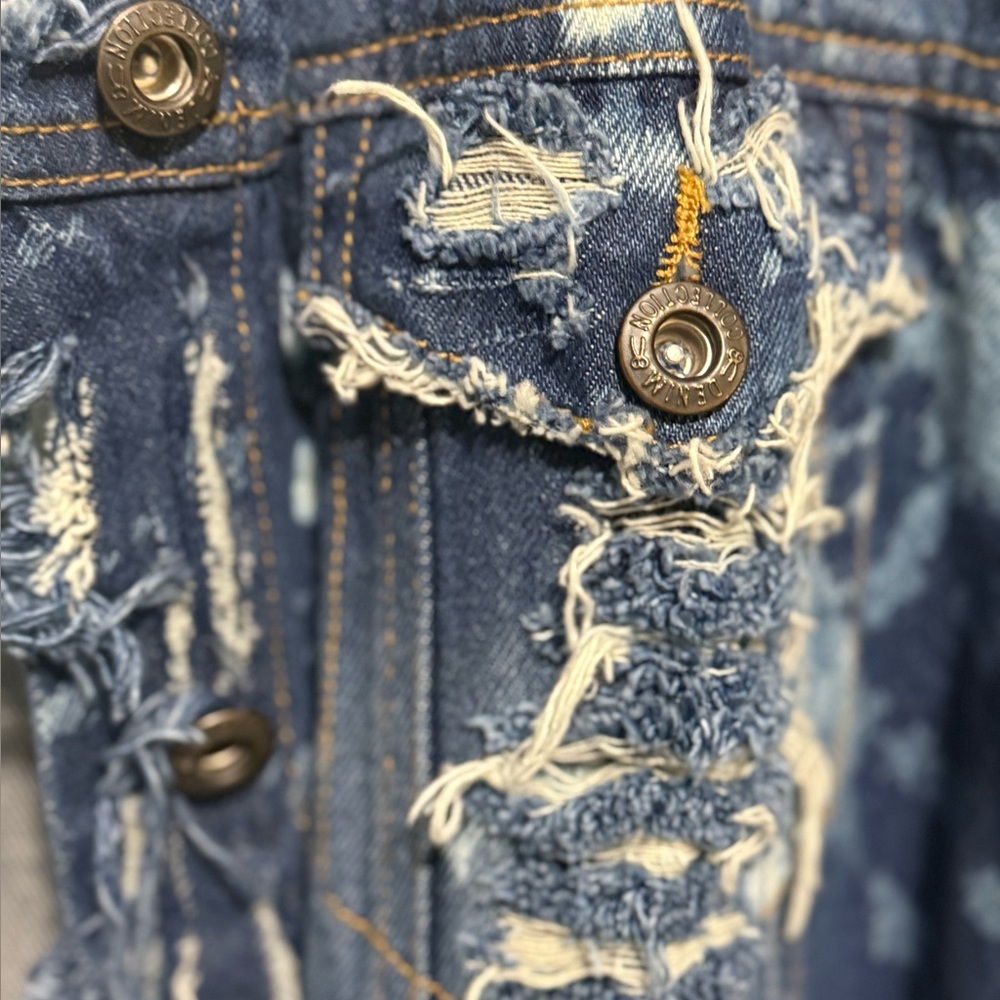 Frayed Denim Jacket with Metal Button